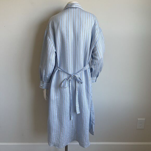 Zara Long Sleeves Oversized Shirt Midi Dress Tie Belt XS Lagenlook Blue Striped - Picture 7 of 15